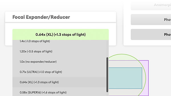 Dropdown with various focal expander and reducers to affect image circle