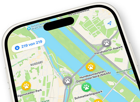 Overview of the app displaying dog parks on a map